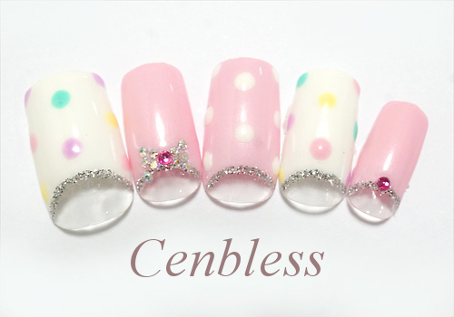 Cenbless　定額ハンドジェルネイル￥5,500コース＜No.h55-004 パステルリボン×ドットネイル＞