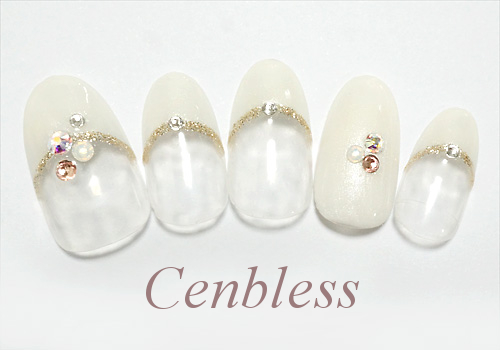 Cenbless　定額ハンドジェルネイル￥5,500コース＜No.h55-007 白フレンチ×スワロネイル＞