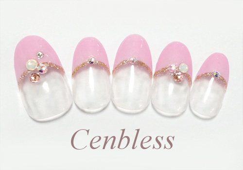 Cenbless　定額ハンドジェルネイル￥5,500コース＜No.h55-008 ピンクフレンチ×スワロネイル＞