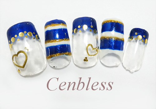 Cenbless　定額ハンドジェルネイル￥5,500コース＜No.h55-013 マリンボーダーonハートネイル＞