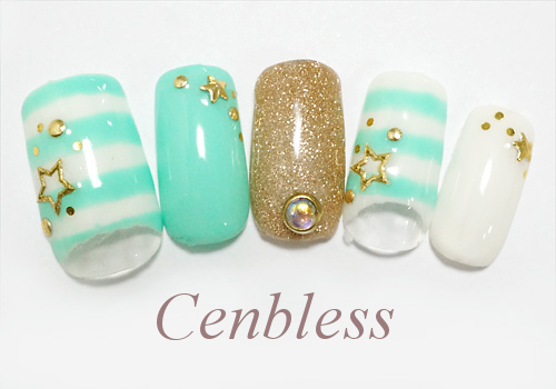 Cenbless　定額ハンドジェルネイル￥5,500コース＜No.h55-014 ミントボーダーネイル＞