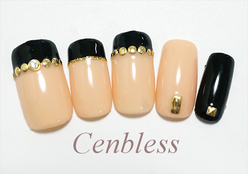 Cenbless　定額ハンドジェルネイル￥5,500コース＜No.h55-021 ベージュ×ブラック★コンサバツートンネイル＞