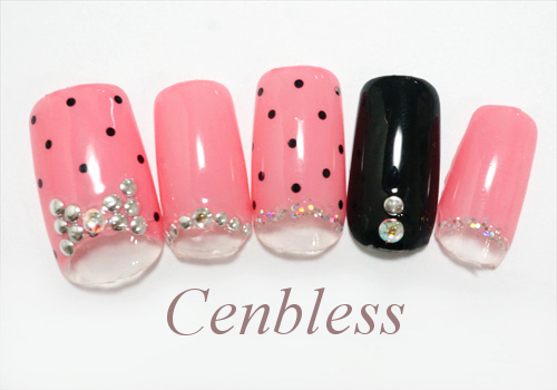 Cenbless　定額ハンドジェルネイル￥5,500コース＜No.h55-022 ピンク×黒★ガーリードットネイル＞