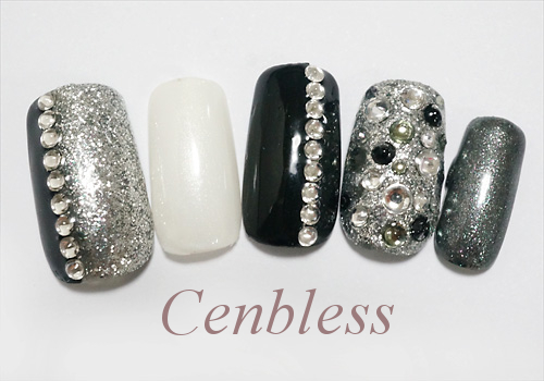 Cenbless　定額ハンドジェルネイル￥5,500コース＜No.h55-023 モノトーンシック×ストーンネイル＞