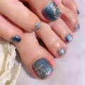 Cenbless　成増フェイシャル＆ネイルサロン　大人っぽいデニムブルーのキャッツアイ×乱切りオーロラフットネイル
