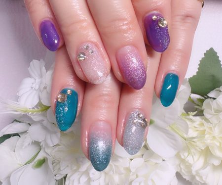 Cenbless　成増フェイシャル＆ネイルサロン　左右アシンメトリーネイル♪梅雨時期にもぴったりなパープル×グリーンの紫陽花カラー