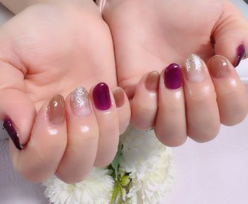 成増徒歩3分女性限定サロン｜フェイシャル・プラズマ・ネイル ビューティスタジオCenbless（センブレス）　シースルーワイン×スモーキーブラウン 上品シャンパンラメで魅せる秋ネイル