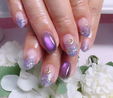 Cenbless　成増フェイシャル＆ネイルサロン　青みパープルが魅せる大人ハロウィンネイル☆プリズムキャッツアイでほんのりシックに