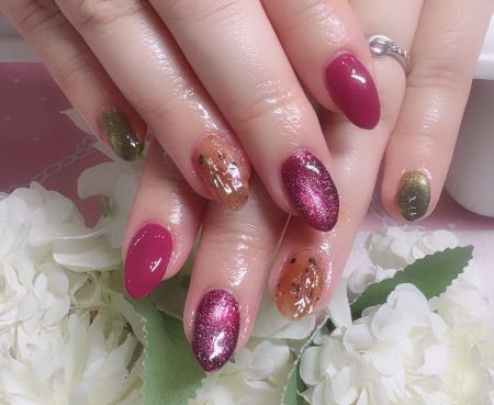 Cenbless 成増フェイシャル&ネイルサロン ワインカラー×異素材MIXで、秋のお洒落ネイルに