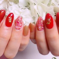 Cenbless　成増フェイシャル＆ネイルサロン　きれいな赤で楽しむ大人ガーリー。ツィードのクリスマスネイル♪