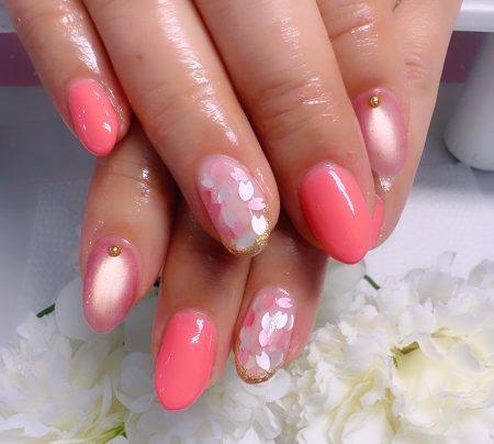 成増徒歩3分のフェイシャルエステ・ネイルサロン ビューティスタジオCenbless（センブレス）　春色サーモンピンク♪華やか桜ネイル