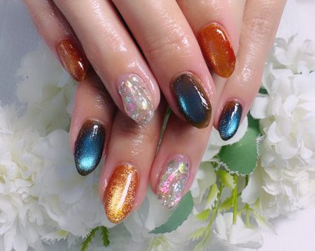 Cenbless　成増フェイシャル＆ネイルサロン　深海ブルー×コッパーオレンジ♪大人のカジュアルゴージャスネイル