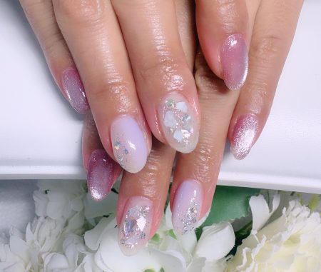 Cenbless　成増フェイシャル＆ネイルサロン　淡いラベンダー×シェルの輝き♪上品な梅雨ニュアンスネイル
