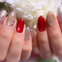 Cenbless　成増フェイシャル＆ネイルサロン　色マグネットで秋色に♪レトロな赤×グリーンのキラキラネイル